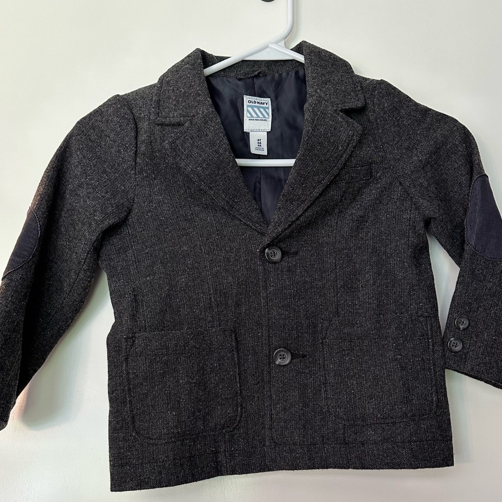 Old Navy Boys Gray Tweed Blazer Sport Coat Elbow Patches Size 4T Dress Jacket